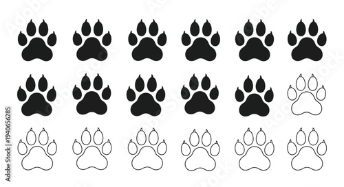 A collection of black and white animal paw prints arranged in rows