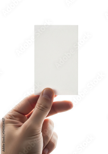 Hand holding a blank white card, isolated on transparent background