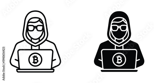 Hacker wearing hoodie and glasses using laptop with bitcoin logo symbol for cryptocurrency mining cyber security data theft and digital finance