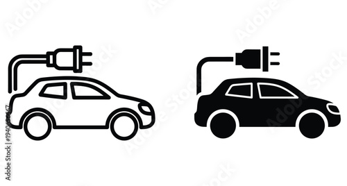 Electric car charging icon set featuring outline and solid black silhouette symbols for sustainable transportation green energy vehicle power and battery