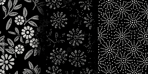 Intricate black and white floral and geometric dot patterns displayed