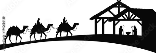 Three Wise Men Camel Caravan Approaching Nativity Stable with Mary Joseph and Baby Jesus Christmas Silhouette Scene