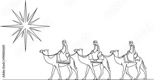 Three Wise Men Riding Camels Following Bethlehem Star Biblical Nativity Christmas Line Art Vector Illustration