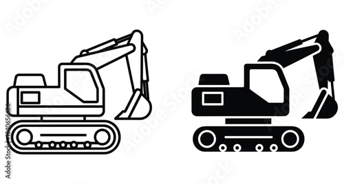 Excavator icon set featuring outline and solid black silhouette designs for construction industry heavy machinery equipment earthmoving vehicle and building projects