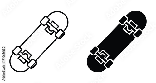 Skateboard icon set featuring outline and solid black deck designs for extreme sports equipment urban street culture and active lifestyle graphics