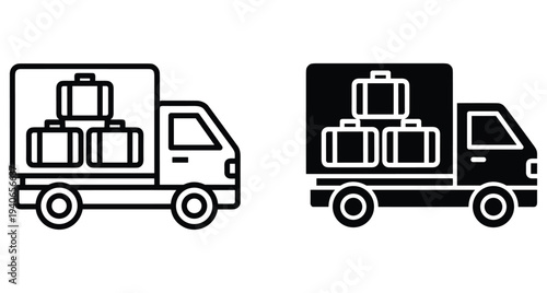 Delivery truck icon set carrying suitcases for travel transport moving service luggage shipping logistics vehicle outline and solid glyph style symbols