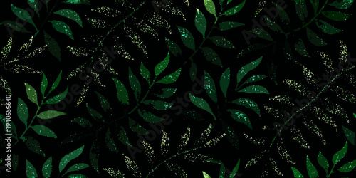 Dark background with vibrant green leaves and glittering golden accents