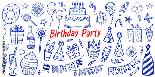 A hand drawn collection of birthday party decorations and celebratory items
