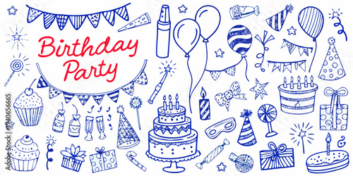 A collection of hand drawn birthday party elements and decorations