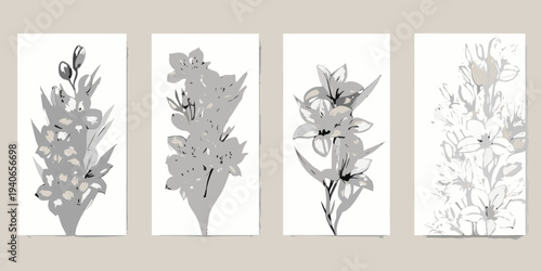 Four abstract floral panels in grayscale a modern wall art display