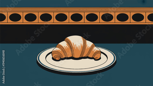 A croissant on a plate with decorative border  a tasty pastry