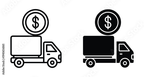 Delivery truck icon with dollar coin symbol representing shipping costs logistics fees paid transportation commercial vehicle freight services and financial distribution