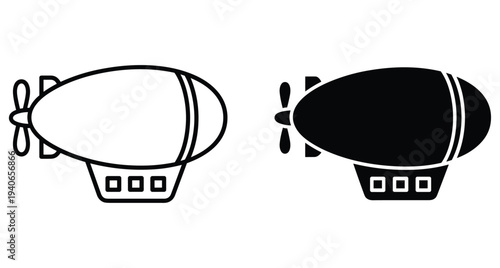 Blimp airship dirigible zeppelin icons set featuring outline and solid black silhouette styles for aviation transport flight travel and graphic design projects