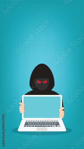 Hacker Holding Laptop with Red Eyes – Cybersecurity Threat, Cybercrime, Malware Attack Concept, Anonymous Hooded Hacker, Data Breach and Online Security Risk Vector Illustration