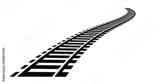 A curving railway track extends into the distance depicted in black and white