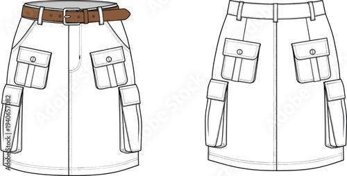 Cargo Mini Skirt Technical Sketch Flat Vector Illustration with Belt Pockets Front and Back View for Fashion Design and Tech Pack