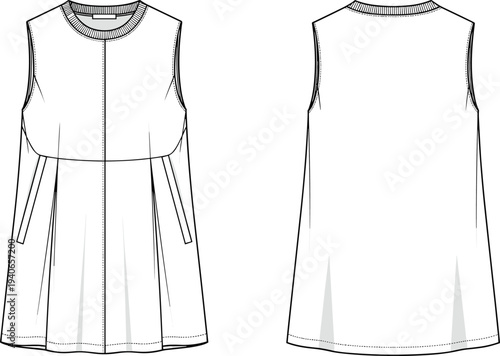 Sleeveless women's tunic top technical fashion flat sketch with crew neck and front pleat details, cad drawing flat vector illustration.