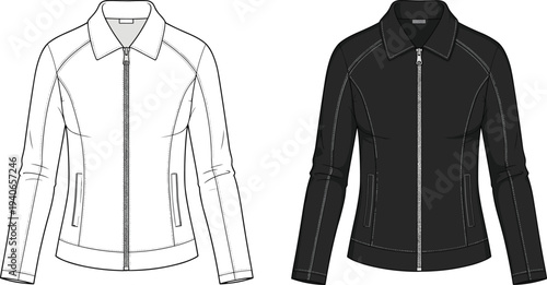Technical fashion flat sketch of women's zip-up track jacket with collar and welt pockets in black and white views, cad drawing flat vector illustration.