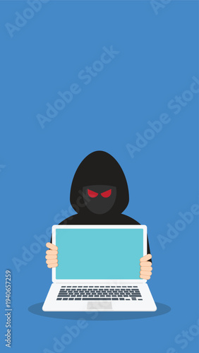 Hacker Holding Laptop with Red Eyes – Cybersecurity Threat, Cybercrime, Malware Attack Concept, Anonymous Hooded Hacker, Data Breach and Online Security Risk Vector Illustration