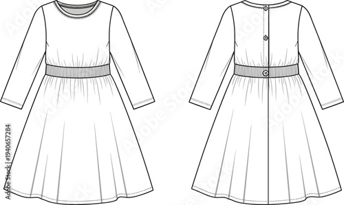 Long sleeve children's dress technical fashion flat sketch with elasticated waistband and back button closure, cad drawing flat vector illustration.