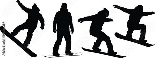 Snowboarder silhouettes vector set winter sports athlete performing jumps tricks and freestyle snowboarding action poses isolated illustration