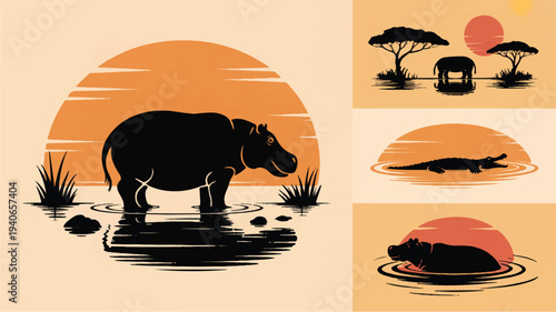 African wildlife silhouettes at sunset with hippos and crocodiles in water  serene savannah scenes