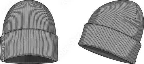 Knitted ribbed beanie hat technical fashion flat sketch with front and side views, winter headwear template, cad drawing flat vector illustration.