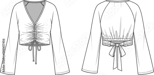 Long sleeve cropped top technical fashion flat sketch with front ruched drawstring and back tie bow, cad drawing flat vector illustration.
