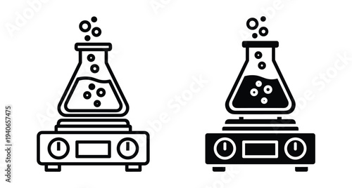Laboratory hot plate stirrer with boiling chemical liquid in Erlenmeyer flask icon set for science research experiment education and medical technology equipment