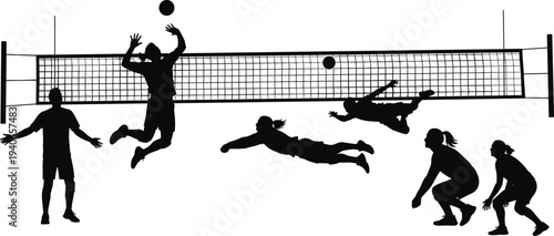 Volleyball player silhouettes action set with jumping spike dive block and receive poses sport team game vector illustration isolated black