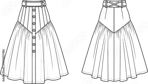 High waisted midi skirt technical fashion flat sketch with button front, pleated yoke, and belted waist, cad drawing flat vector illustration.