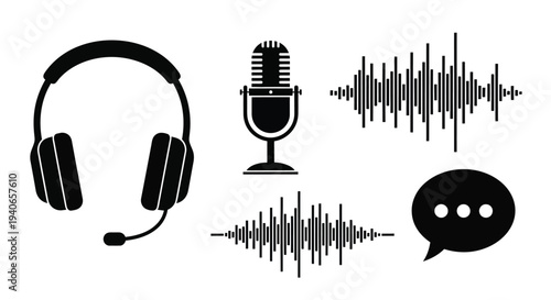 Audio equipment icons headphones microphone sound waves and speech bubble