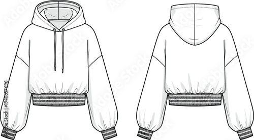 Women oversized cropped hoodie technical flat sketch CAD drawing vector illustration with ribbed hem drop shoulder and drawstring front back