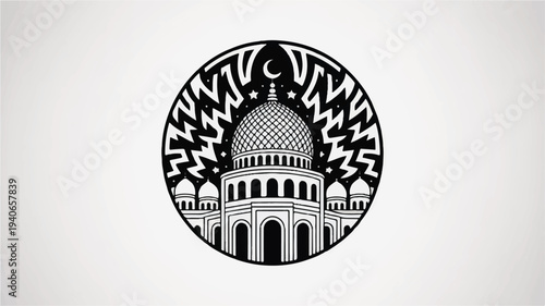 Black and white illustration of a mosque with domes and crescent moon  Islamic architecture symbol