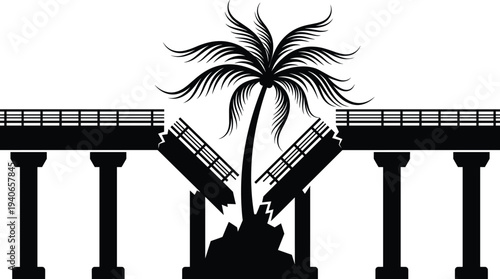 Broken bridge silhouette with palm tree depicting natural disaster hurricane damage infrastructure failure structural collapse and tropical storm impact for emergency response design