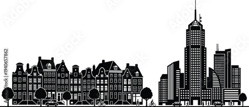 City skyline silhouette featuring traditional European townhouses alongside modern skyscrapers and urban street elements for architectural development real estate and city life design