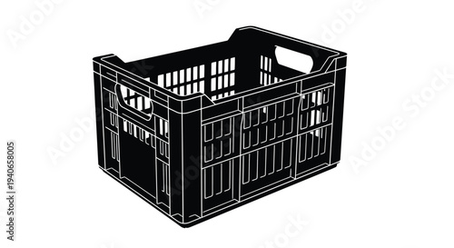 Black and white illustration of a plastic crate with slotted sides
