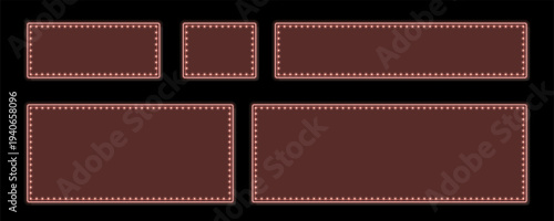 Collection of five empty reddish brown rectangular illuminated marquee signs with glowing orange lightbulbs