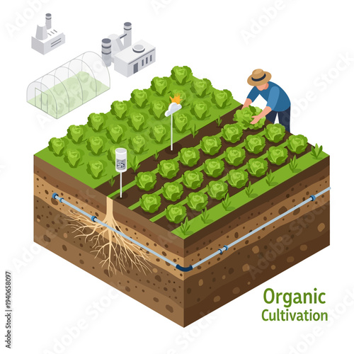 Isometric illustration showcasing organic cultivation with a farmer tending to crops, advanced irrigation systems, and modern agricultural facilities in the background.