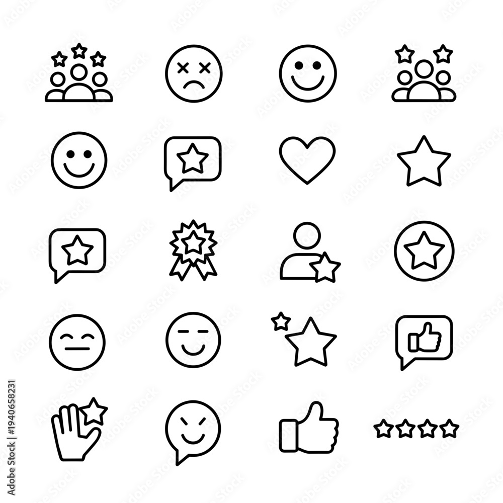 Fototapeta premium Social Media Interaction Icons Set – Rating, Feedback, Like, Star, Chat Line Vector Collection