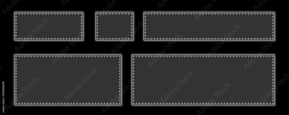 Obraz premium Collection of five glowing grey retro frames with bright marquee lights on a dark background
