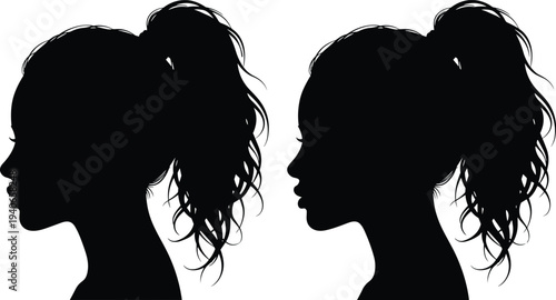 Woman face profile silhouettes with ponytail hairstyle female head side view beauty fashion isolated vector illustration set