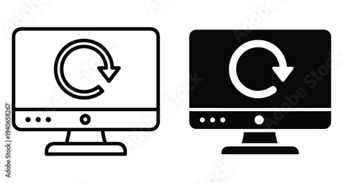 computer monitor screen with circular refresh arrow icon showing system update reboot or page reload process in outline and solid styles
