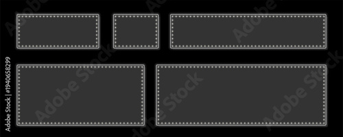 Collection of five glowing grey retro frames with bright marquee lights on a dark background