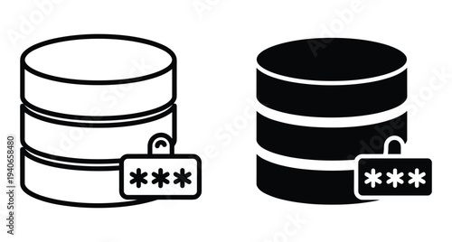 Database security icon set showing server storage with password protection lock for data encryption privacy and secure information access management system