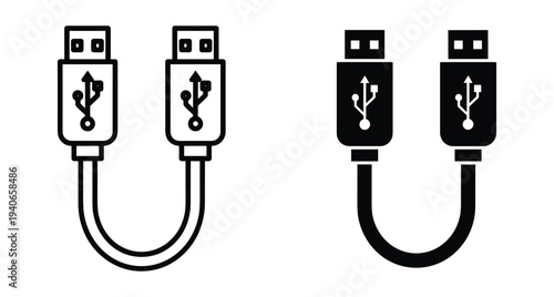USB cable icon set featuring universal serial bus connector plugs for data transfer charging and digital hardware connection interface symbol collection