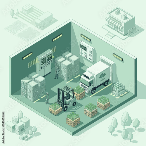 Isometric illustration of a modern logistics and distribution warehouse with forklifts, trucks, and inventory management systems.