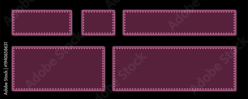 Elegant set of five glowing burgundy retro frames with illuminated lights on a black background