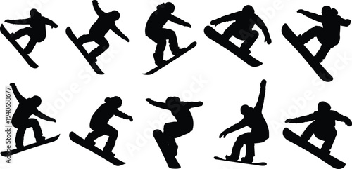 Snowboarder silhouettes vector set winter sport athlete performing jumps tricks and freestyle snowboarding action poses isolated illustration collection