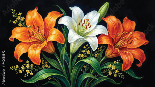 Stunning composition of orange and white lilies accented by small yellow flowers, presented against a dark backdrop for dramatic effect